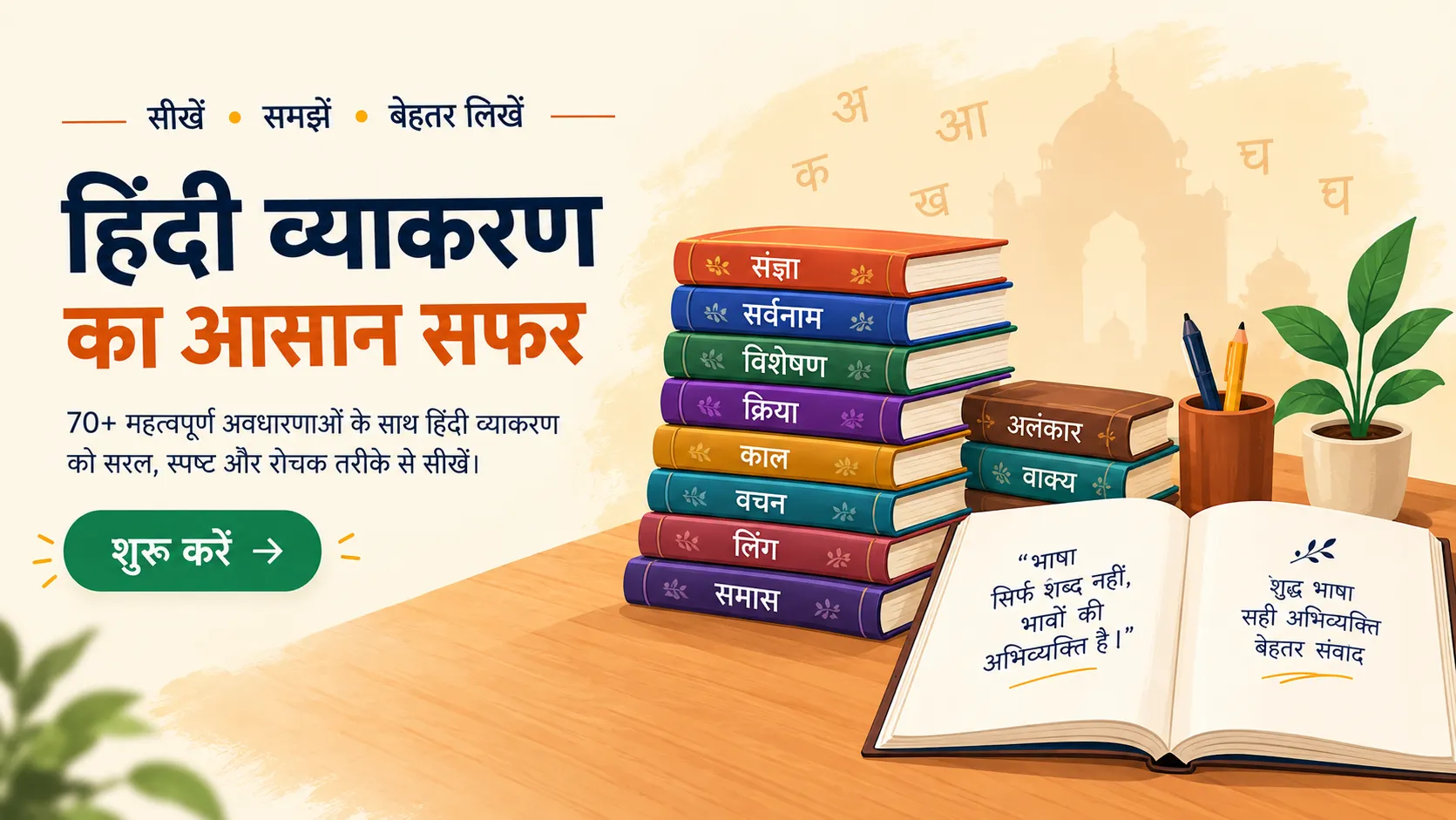 हिंदी व्याकरण की किताबों का चित्रण — संज्ञा, सर्वनाम, विशेषण, क्रिया सहित